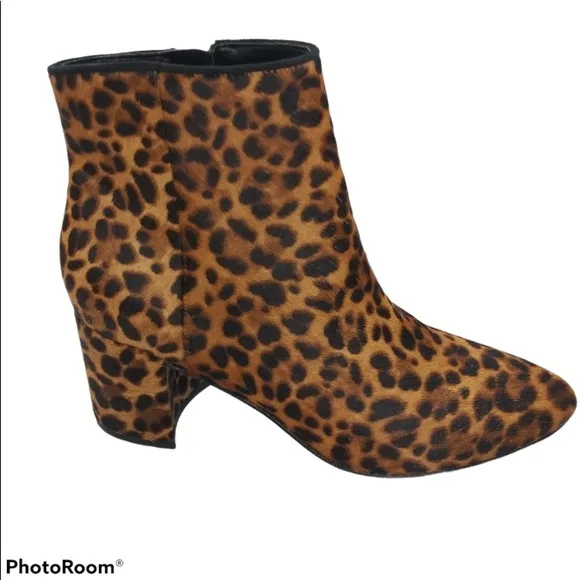- Marc Fisher Leather Calf Hair Leopard   Animal Print Chunky Block Heel Boot
