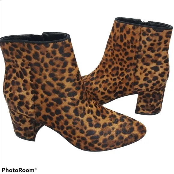 - Marc Fisher Leather Calf Hair Leopard   Animal Print Chunky Block Heel Boot