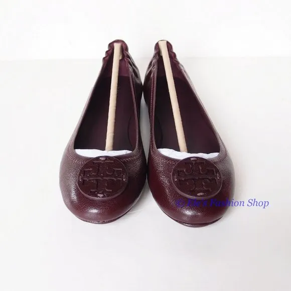 ❤️ NIB Tory Burch Minnie Leather Travel Ballet Flat PLUM US 7.5 8 8.5 AUTHENTIC