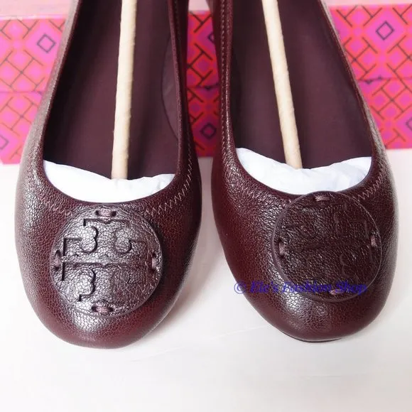 ❤️ NIB Tory Burch Minnie Leather Travel Ballet Flat PLUM US 7.5 8 8.5 AUTHENTIC