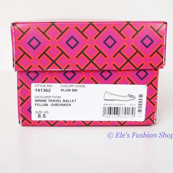 ❤️ NIB Tory Burch Minnie Leather Travel Ballet Flat PLUM US 7.5 8 8.5 AUTHENTIC