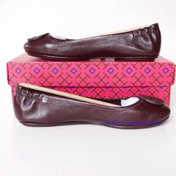 ❤️ NIB Tory Burch Minnie Leather Travel Ballet Flat PLUM US 7.5 8 8.5 AUTHENTIC