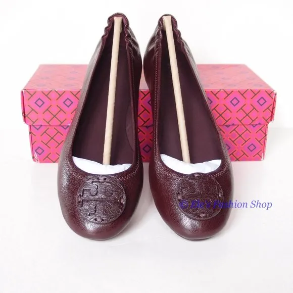 ❤️ NIB Tory Burch Minnie Leather Travel Ballet Flat PLUM US 7.5 8 8.5 AUTHENTIC