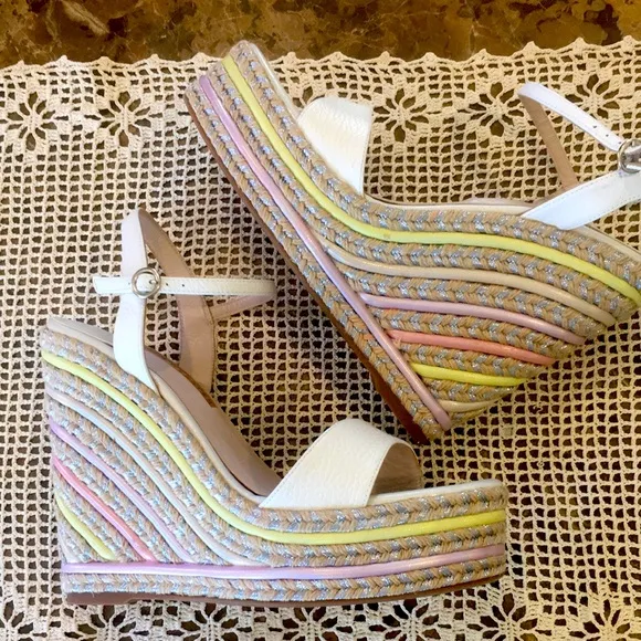 🆕 Sophia Webster Lucita Braided Metallic Jute Wedge Espadrille Leather Sandals