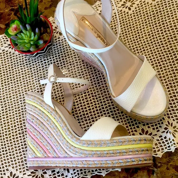 🆕 Sophia Webster Lucita Braided Metallic Jute Wedge Espadrille Leather Sandals