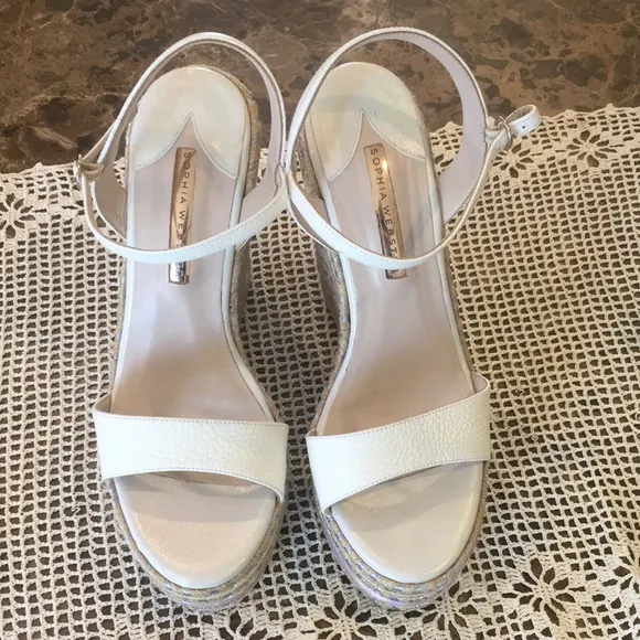 🆕 Sophia Webster Lucita Braided Metallic Jute Wedge Espadrille Leather Sandals
