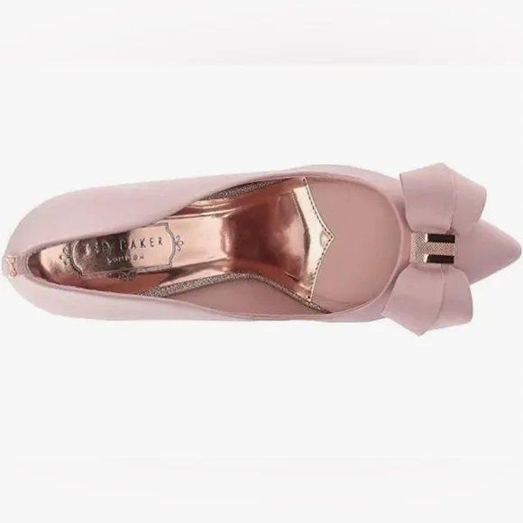 🎀 Ted Baker Skalett Pumps New-in-box light pink satin 4” heel w/bows, Sz37.5/7