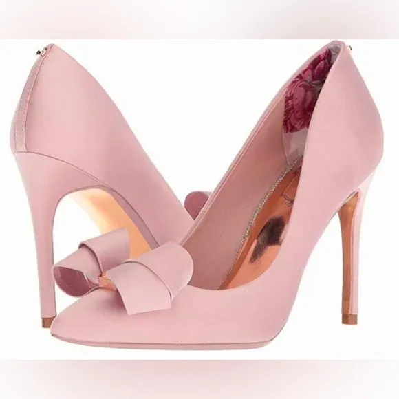 🎀 Ted Baker Skalett Pumps New-in-box light pink satin 4” heel w/bows, Sz37.5/7