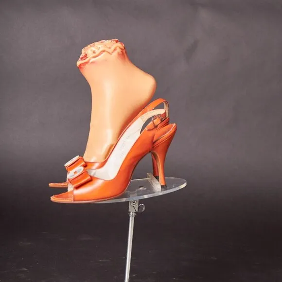 1950s Orange Peep Toe Button Bow Slingback Heels Shoes