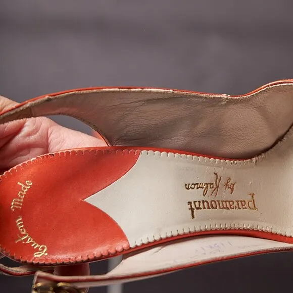 1950s Orange Peep Toe Button Bow Slingback Heels Shoes