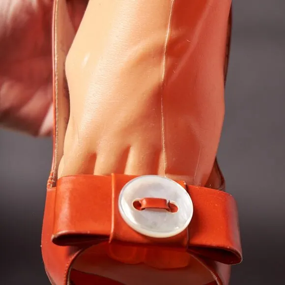 1950s Orange Peep Toe Button Bow Slingback Heels Shoes