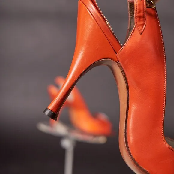 1950s Orange Peep Toe Button Bow Slingback Heels Shoes