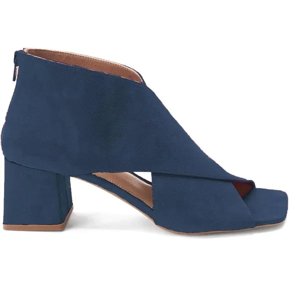 2” Chunky Heel Open Toe Booties Suede Side Cut-Out Ankle Boots Square Peep Toe
