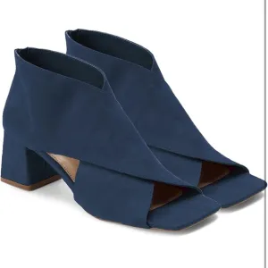 2” Chunky Heel Open Toe Booties Suede Side Cut-Out Ankle Boots Square Peep Toe
