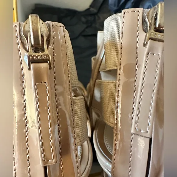 2015 Fendi Patent Leather T-Strap Wedge resort Sandals  Size: 8.5 | IT 38.5 Nude