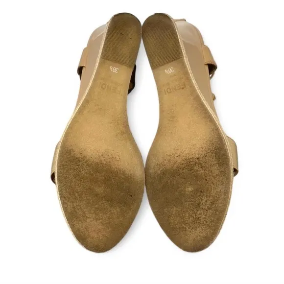 2015 Fendi Patent Leather T-Strap Wedge resort Sandals  Size: 8.5 | IT 38.5 Nude