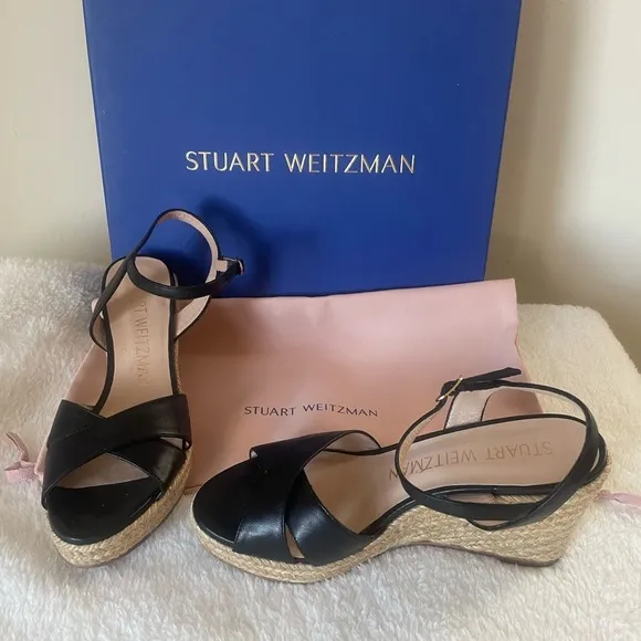 $375 STUART WEITZMAN ROSEMARIE ESPADRILLE WEDGE SANDAL BLACK 7BBox/Dustbag incl