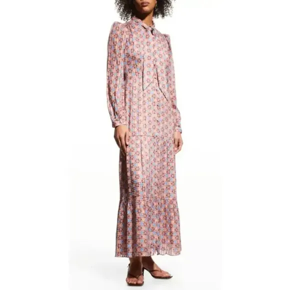 $428 Marie Oliver Khloe Tie-Neck Ruffle Maxi Dress Size Small Pink Blue