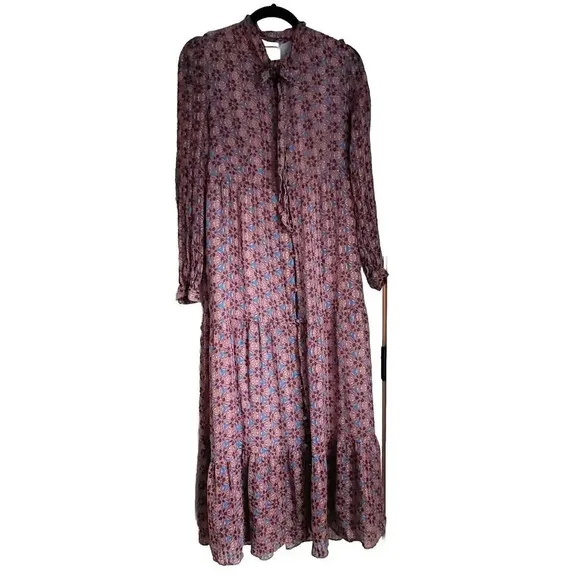 $428 Marie Oliver Khloe Tie-Neck Ruffle Maxi Dress Size Small Pink Blue