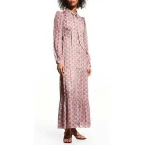 $428 Marie Oliver Khloe Tie-Neck Ruffle Maxi Dress Size Small Pink Blue