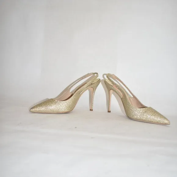 $810 MANOLO BLAHNIK allura slingback pump GOLD GLITTER 105MM  38.5 (D15)
