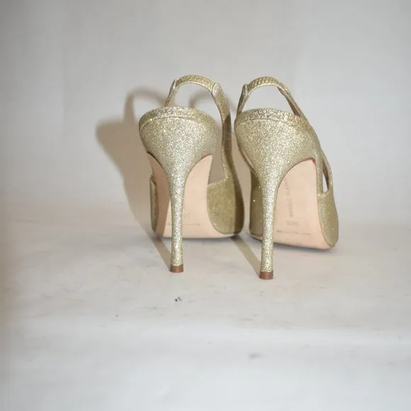 $810 MANOLO BLAHNIK allura slingback pump GOLD GLITTER 105MM  38.5 (D15)