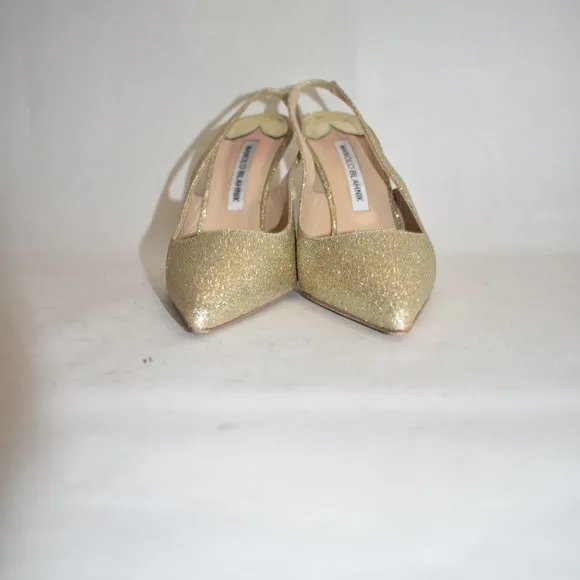 $810 MANOLO BLAHNIK allura slingback pump GOLD GLITTER 105MM  38.5 (D15)