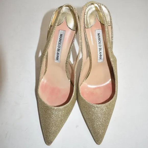 $810 MANOLO BLAHNIK allura slingback pump GOLD GLITTER 105MM  38.5 (D15)