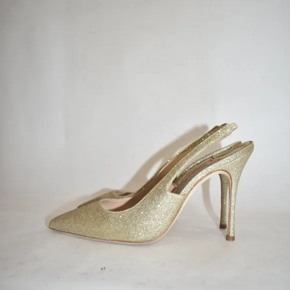 $810 MANOLO BLAHNIK allura slingback pump GOLD GLITTER 105MM  38.5 (D15)