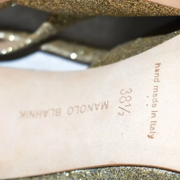 $810 MANOLO BLAHNIK allura slingback pump GOLD GLITTER 105MM  38.5 (D15)