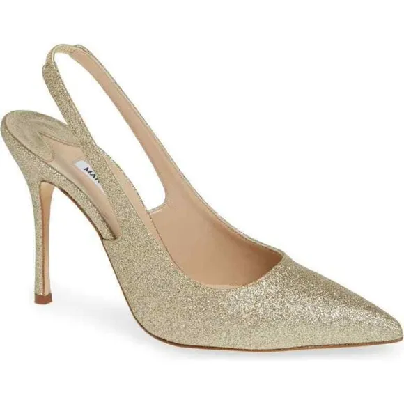 $810 MANOLO BLAHNIK allura slingback pump GOLD GLITTER 105MM  38.5 (D15)