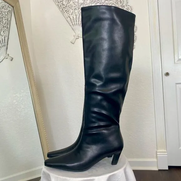 90s Style Black Smooth Faux Leather Knee High Kitten Heel Stiletto Boots US 9