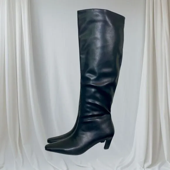 90s Style Black Smooth Faux Leather Knee High Kitten Heel Stiletto Boots US 9