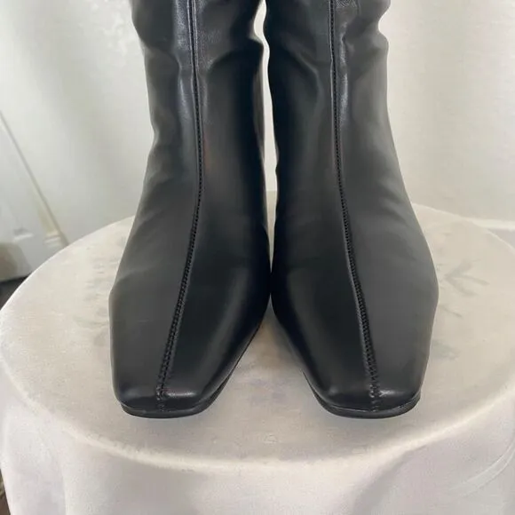 90s Style Black Smooth Faux Leather Knee High Kitten Heel Stiletto Boots US 9