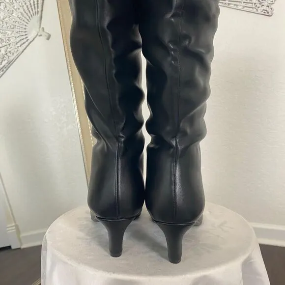 90s Style Black Smooth Faux Leather Knee High Kitten Heel Stiletto Boots US 9