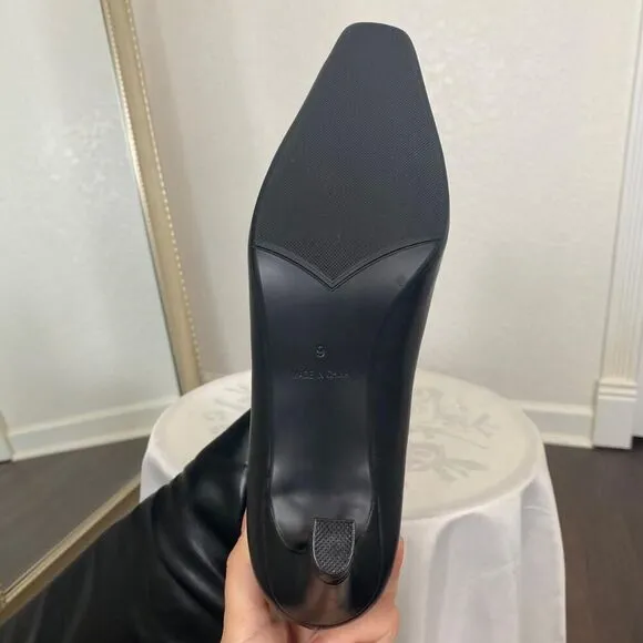90s Style Black Smooth Faux Leather Knee High Kitten Heel Stiletto Boots US 9