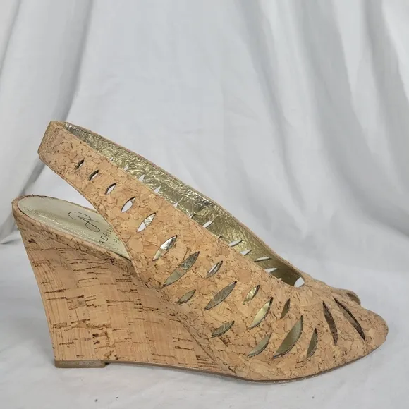 Adrianna Papell Women's Cork Tan Slingback Peep Toe Wedge High Heels Size 8