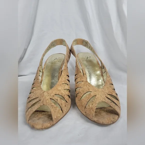 Adrianna Papell Women's Cork Tan Slingback Peep Toe Wedge High Heels Size 8