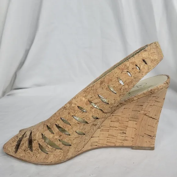 Adrianna Papell Women's Cork Tan Slingback Peep Toe Wedge High Heels Size 8