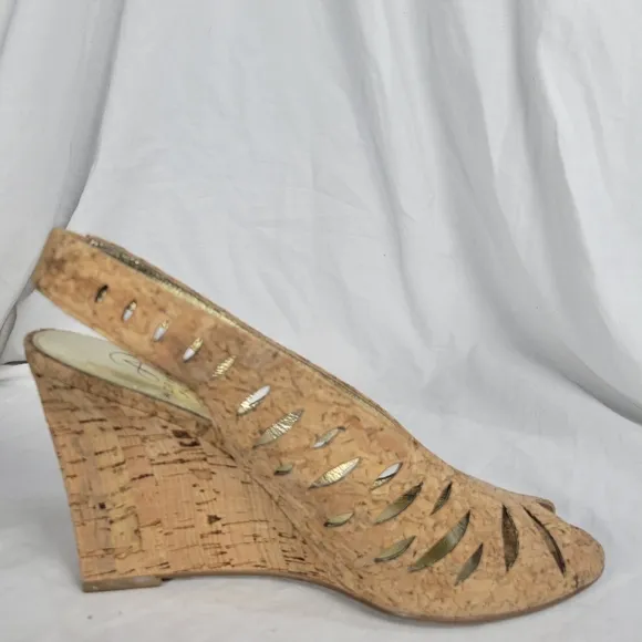 Adrianna Papell Women's Cork Tan Slingback Peep Toe Wedge High Heels Size 8