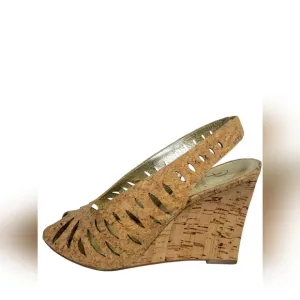 Adrianna Papell Women's Cork Tan Slingback Peep Toe Wedge High Heels Size 8