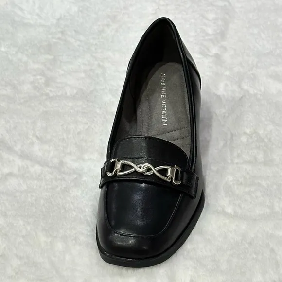 Adrienne Vittadini Breeze Loafer Pump Moc Vamp Silver Chain Block Heel Shoes