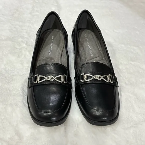 Adrienne Vittadini Breeze Loafer Pump Moc Vamp Silver Chain Block Heel Shoes
