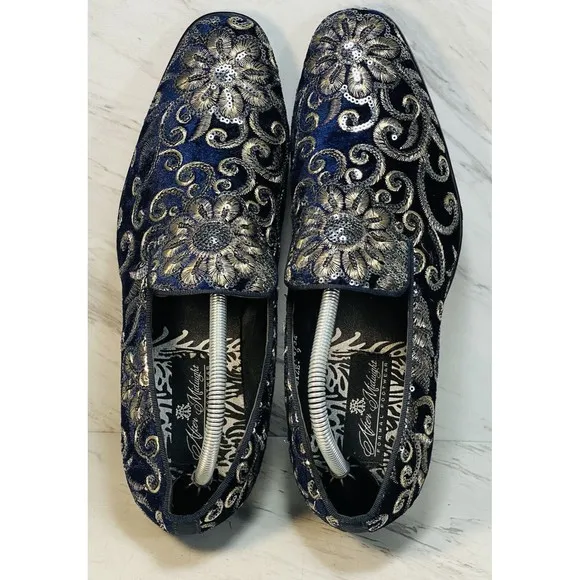 After Midnight Men  Dress Shoe Sz 9 Slip On Embroidered Sequin Velvet Navy Blue