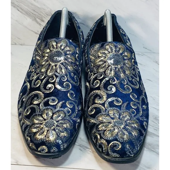 After Midnight Men  Dress Shoe Sz 9 Slip On Embroidered Sequin Velvet Navy Blue