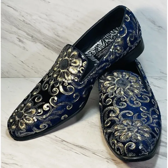 After Midnight Men  Dress Shoe Sz 9 Slip On Embroidered Sequin Velvet Navy Blue