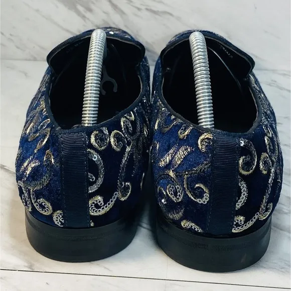 After Midnight Men  Dress Shoe Sz 9 Slip On Embroidered Sequin Velvet Navy Blue