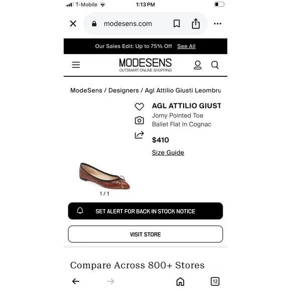 AGL ATTILIO GIUSTI LEOMBRUNI Jomy Pointed Toe Ballet Flat Cognac Size 41 US 11
