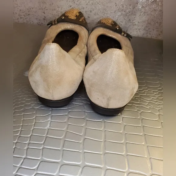 AGL Ballet Flat Tan Shimmer Suede &amp; Browm Snake Print Capped Toe Made In Italy