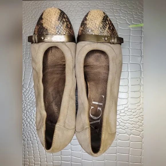 AGL Ballet Flat Tan Shimmer Suede &amp; Browm Snake Print Capped Toe Made In Italy